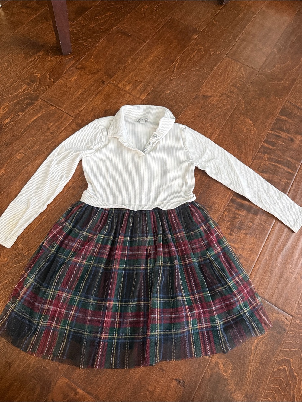 Crewcuts White Collared Top with Red & Green Plaid Skirt
